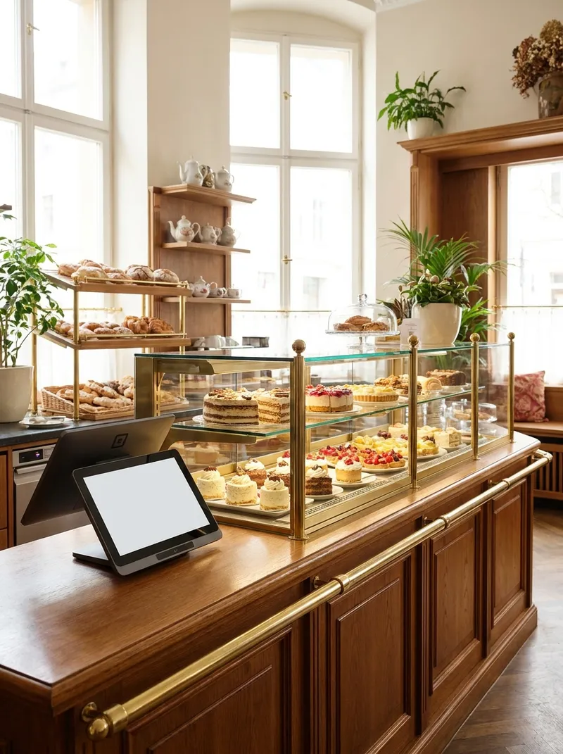 Kassensystem an der Theke einer Konditorei mit Kuchenvitrine