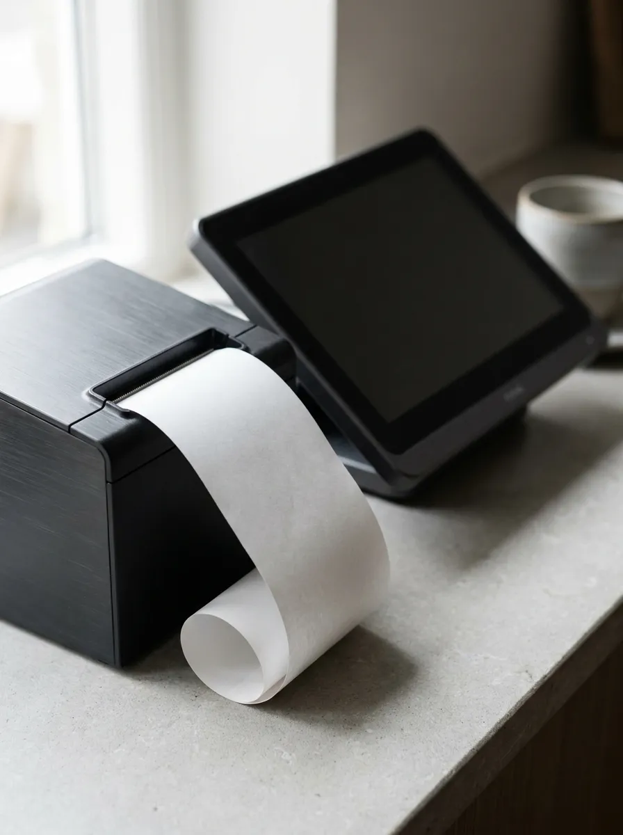 Nahaufnahme eines Kassenterminals mit Bondrucker und auslaufender Bonrolle