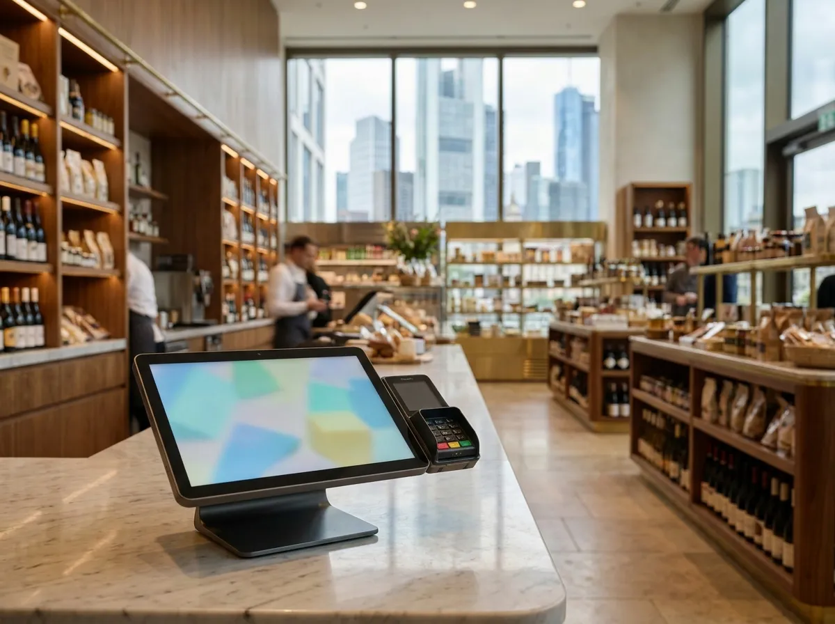Kassensystem mit Kartenterminal auf dem Marmortresen eines Feinkostgeschäfts mit Blick auf die Frankfurter Skyline