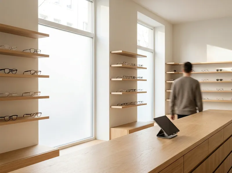 Helles Optiker- und Fachgeschäft mit Regalen und Tablet-Kasse